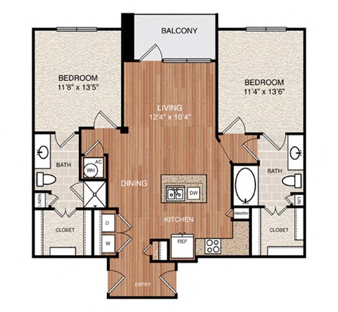 Floor plan for 2 beds, 2 baths, 1074 sqft